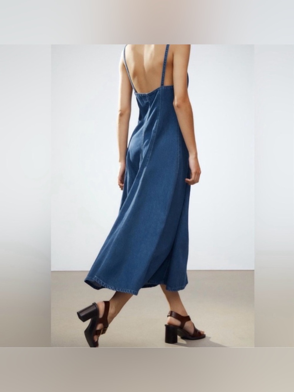 Zara Denim Maxi Dress with Spaghetti Straps - Blue
